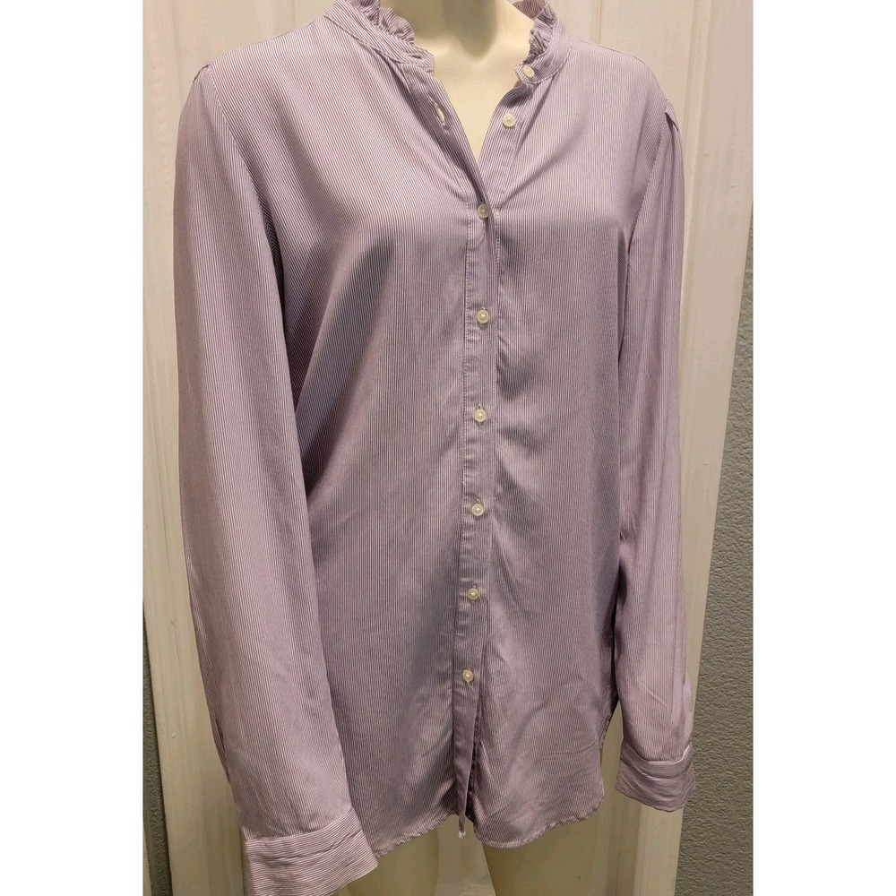 Ann Taylor Purple & White Pinstripe Button‎ Up Ruffle Collar Blouse Oversized SM